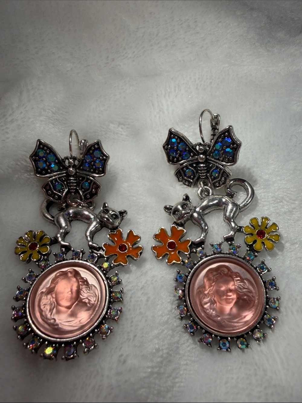 Silver-Tone Cat & Cameo Drop Earrings with Blue Butterfly Accents